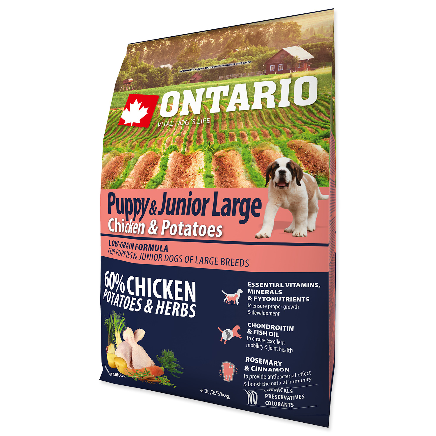 Ontario сухой корм для щенков и подростков крупных пород с курицей и картофелем от зоомагазина Дино Зоо