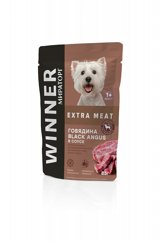 Winner 85г Extra Meat Корм консервированный полнорационный для взрослых собак мелких пород Говядина Black Angus в соусе