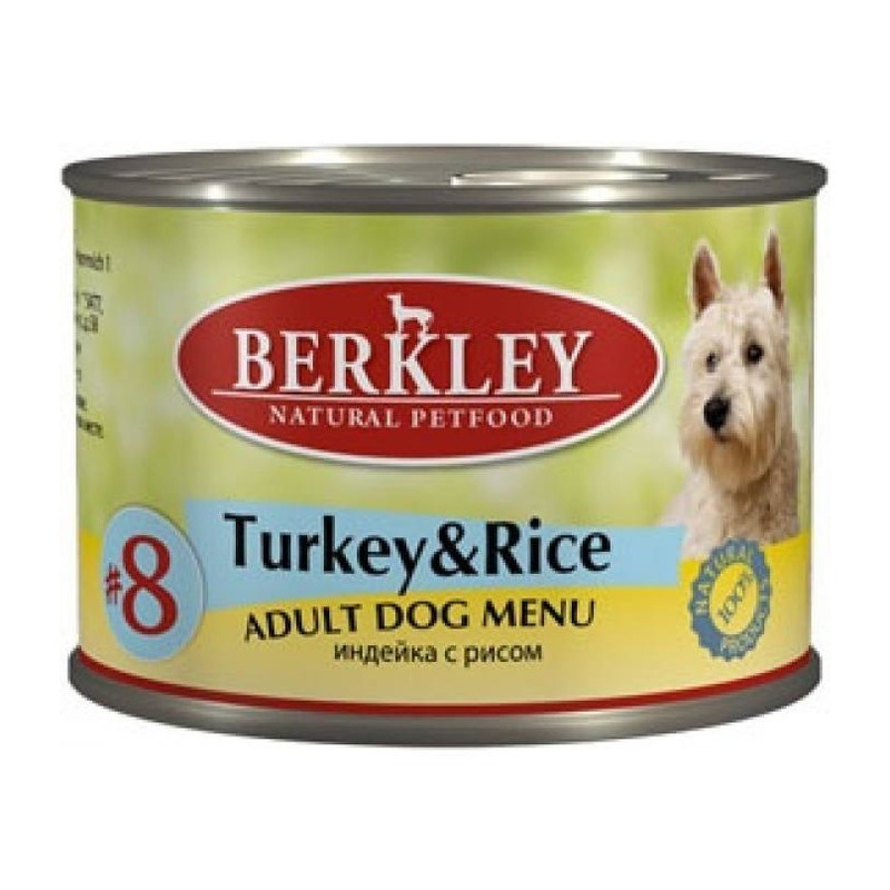 №8 Консервы для взрослых собак, индейка с рисом, Berkley