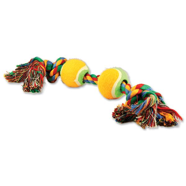 Игрушка веревочная разноцветная 35 см 2 узла с 2 теннисными мячиками Dog Fantasy
