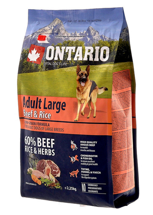 Ontario сухой корм для взрослых собак крупных пород с говядиной и рисом  2,25 кг от зоомагазина Дино Зоо