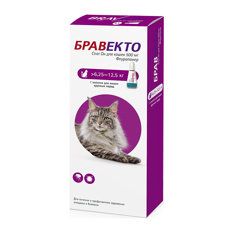 Бравекто Спот Он для кошек (500 мг) 6,25-12,5 кг от зоомагазина Дино Зоо