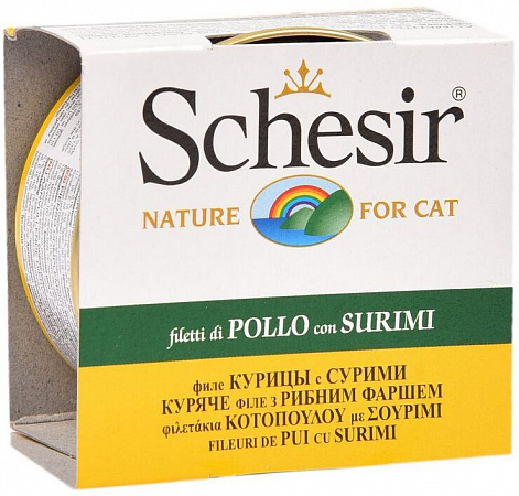 Schesir 85 гр консервы для кошек Куриное филе/сурими (банка)