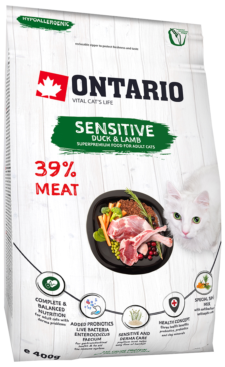 Ontario сухой корм для кошек с чувствительной кожей Утка/Ягненок