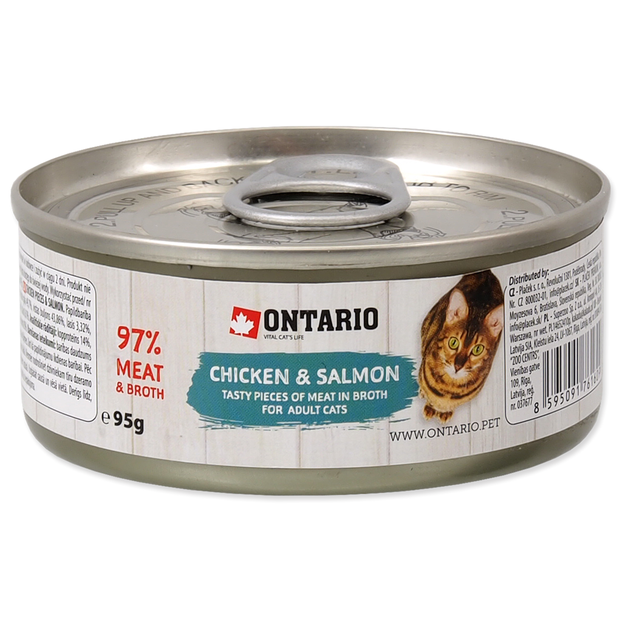 Ontario кусочки курицы и лосось для кошек банка 95г