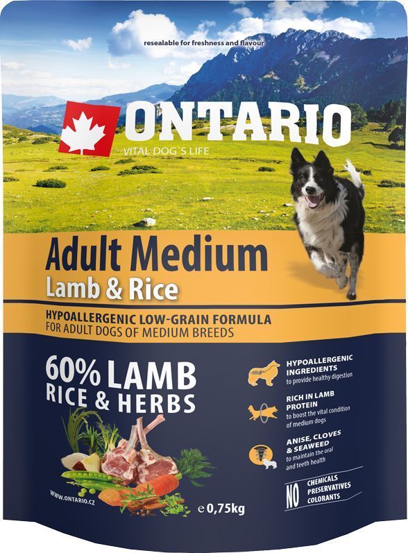Ontario сухой корм для взрослых собак средних пород с ягненком и рисом