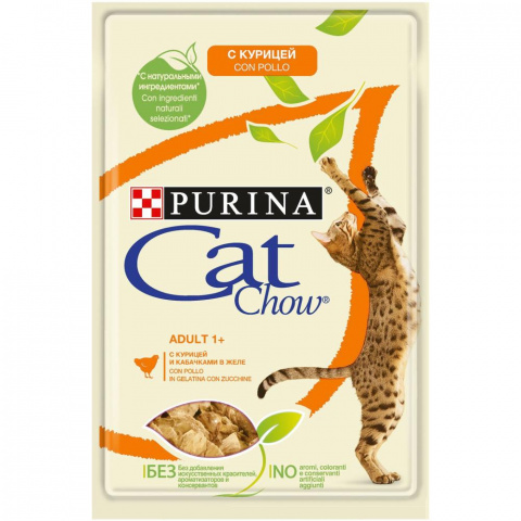 Adult 1+ влажный корм для кошек старше 1 года, с курицей и кабачками в желе, Purina Cat Chow от зоомагазина Дино Зоо